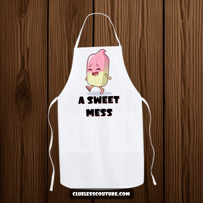 Funny apron showing a popsicle character melting dramatically while trying to walk, ideal for a clumsy cook.
