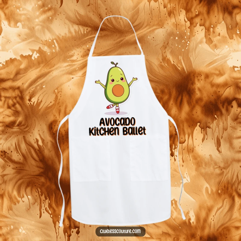 Funny kitchen apron depicting a shy avocado character in mismatched socks, attempting a ballet pose, for culinary creativity.