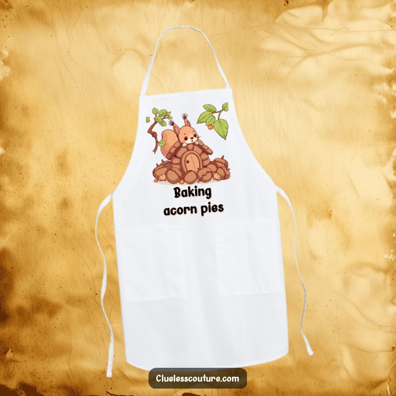 Funny apron showing a squirrel humorously attempting to build a house using oversized acorns, perfect for kitchen messes and laughs.