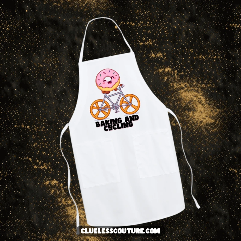 Funny apron showing a cheerful donut with sprinkles riding a pretzel bicycle, a whimsical kitchen essential.