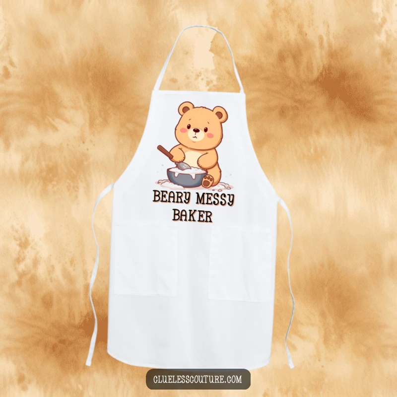 Funny apron illustrating a bear comically covered in flour during baking, combining kitchen practicality with humorous design.