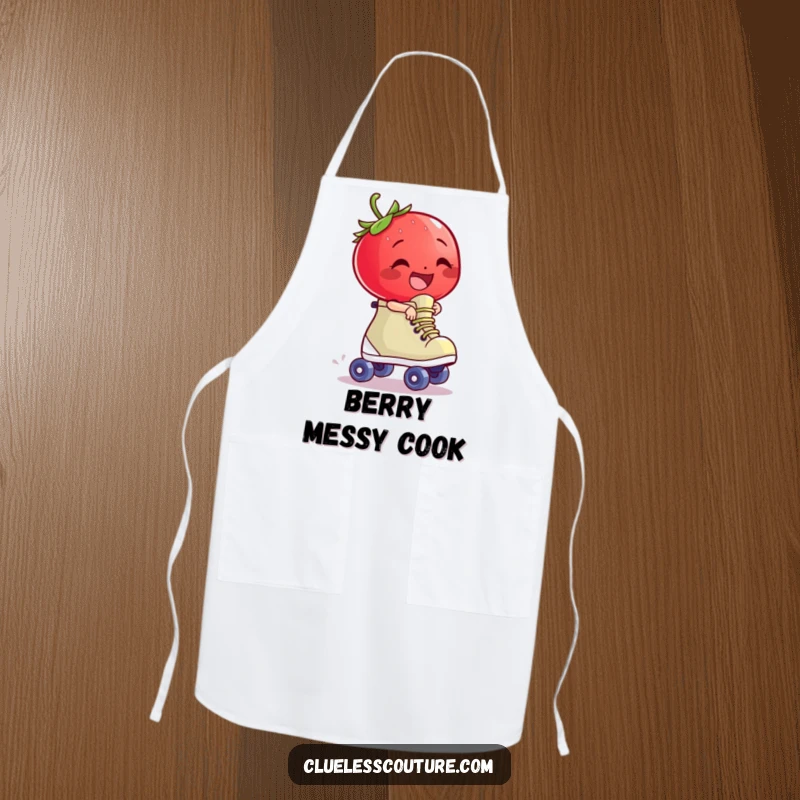 Funny giggling strawberry character riding a runaway roller skate, a humorous apron for kitchen fun.