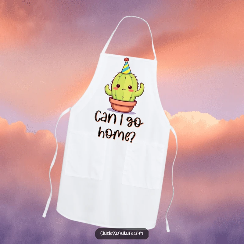 Funny apron with an overwhelmed cactus in a party hat, ready to cook but feeling the pressure, a great funny gift.