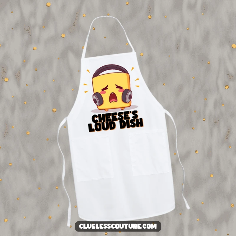 Funny apron with a startled cheese block wearing headphones, eyes wide, reacting to loud music, ideal for a chef who loves tunes.