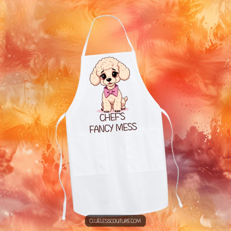 Funny apron showing a confused poodle attempting to tie a cravat, for a humorous and stylish cooking experience.