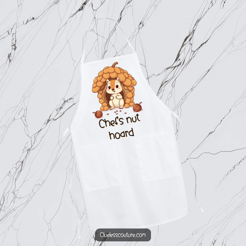 Funny squirrel comically attempts to build a house using oversized acorns, on an apron, perfect for a funny gift.