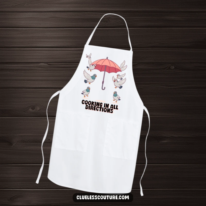 Funny surprised pigeons attempting to fly in opposite directions from a single, tiny umbrella, a humorous kitchen accessory on this funny apron.