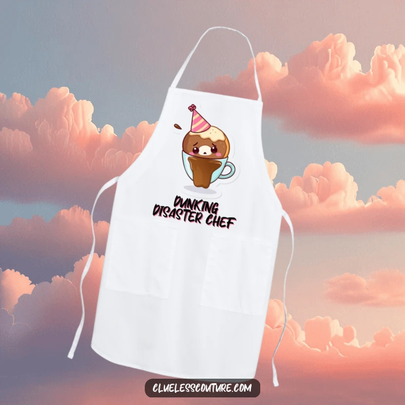 Funny kitchen apron depicting a confused donut wearing a party hat, falling into a coffee cup, for culinary adventures.