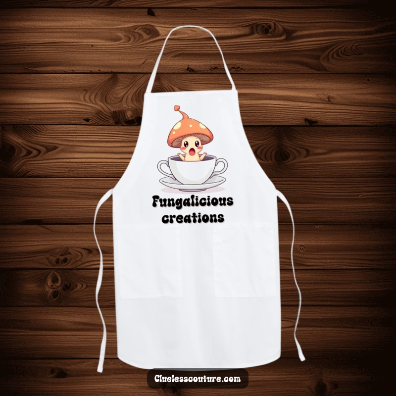 Funny kitchen apron depicting a surprised mushroom leaping from a teacup, leaving a steam trail, for whimsical cooking.