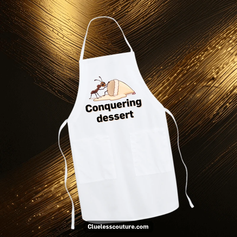 Funny apron showing a tiny ant attempting to lift a huge ice cream cone, symbolizing a humorous and epic kitchen challenge.
