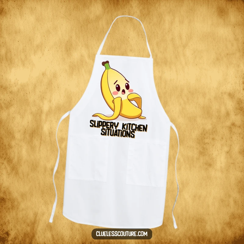 Funny apron depicting a surprised banana peel comically slipping, offering kitchen protection with a humorous slapstick theme, a funny gift.