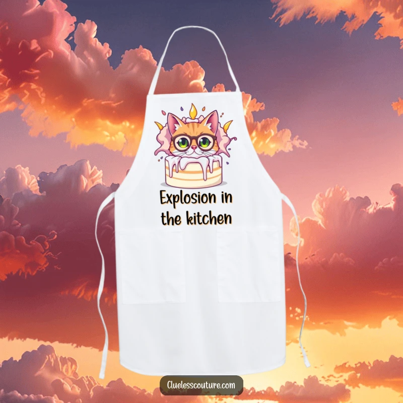 Funny bewildered cat wearing oversized spectacles peeking from behind a giant, exploding cake, a humorous kitchen accessory on this funny apron.
