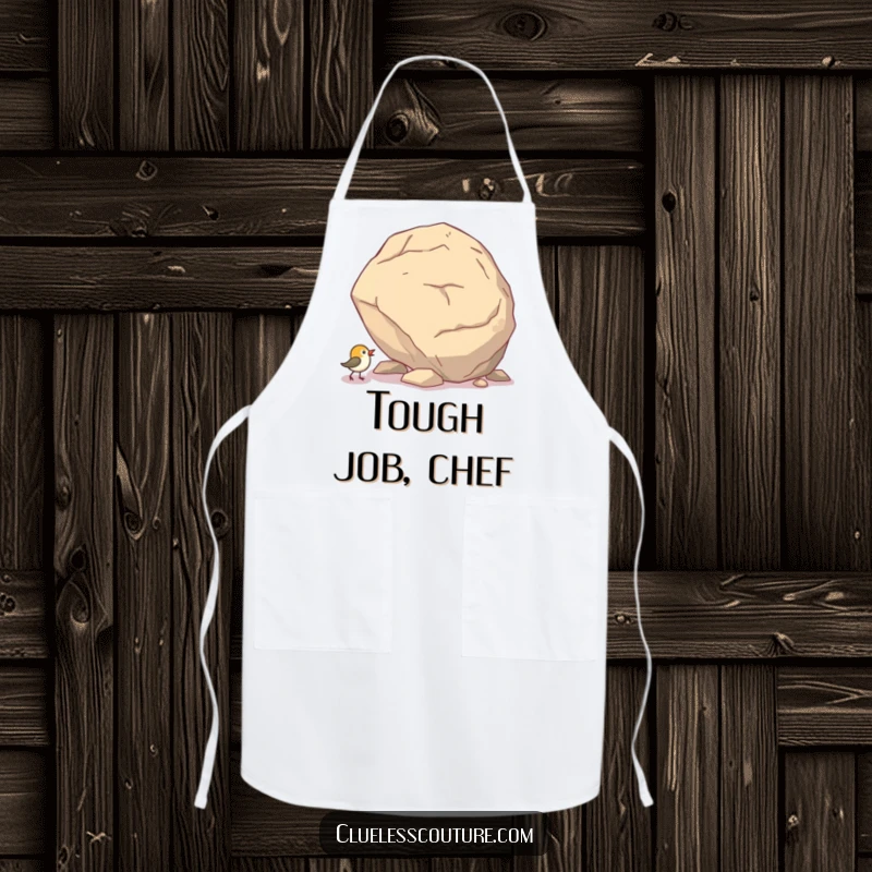 Funny apron featuring a small bird comically trying to push a huge boulder uphill while cooking.