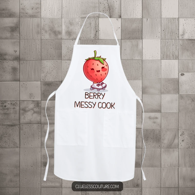Funny apron with a blushing strawberry wearing tiny roller skates and wobbling uncontrollably, adding a humorous touch to kitchen tasks.