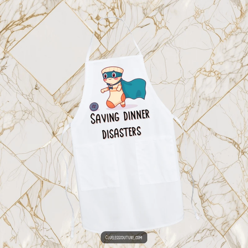Funny apron with a brave sock wearing a cape rescuing a lost button, perfect for adding a humorous touch to cooking.