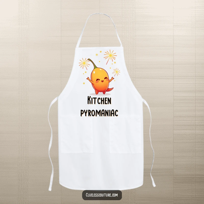 Funny apron featuring a chili pepper character juggling tiny, sparkling fireworks, ideal for a festive and playful cook.