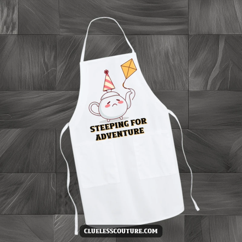 Funny apron showing a confused teapot in a party hat trying to fly a kite, adding a humorous touch to kitchen tasks.