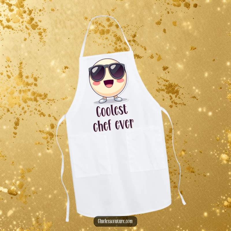 Funny apron showing a bouncing ball character wearing oversized sunglasses and looking cool, perfect for a stylish and humorous kitchen experience.