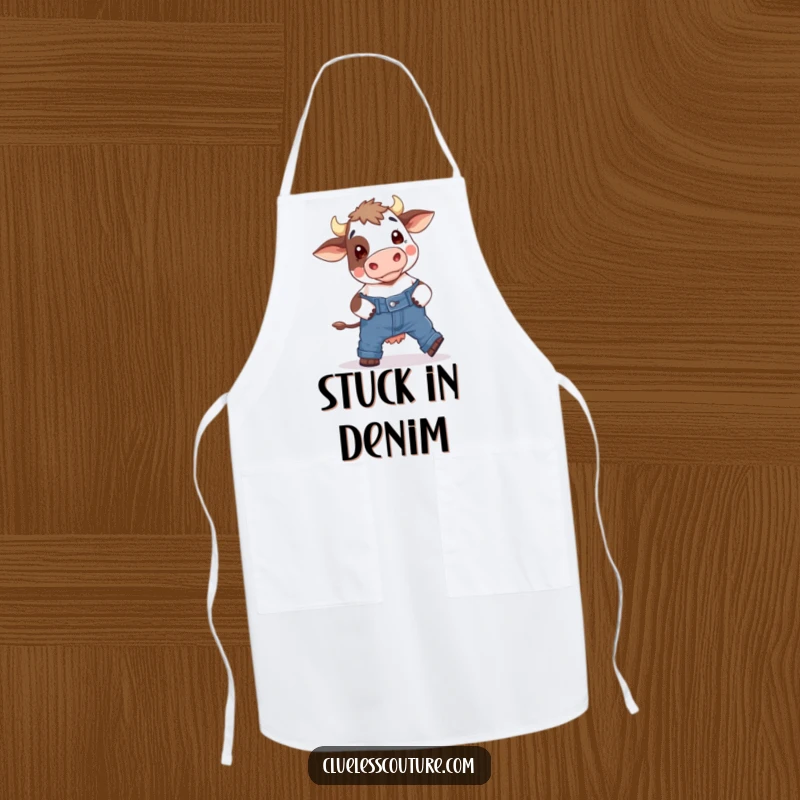 Funny apron showing a bewildered cow comically failing to put on skinny jeans, a humorous and practical kitchen accessory for cooks.