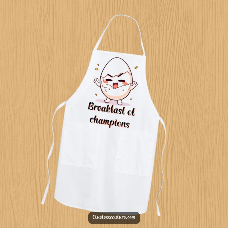 Funny apron showing a determined egg character struggling to crack itself open, great for a humorous cook.