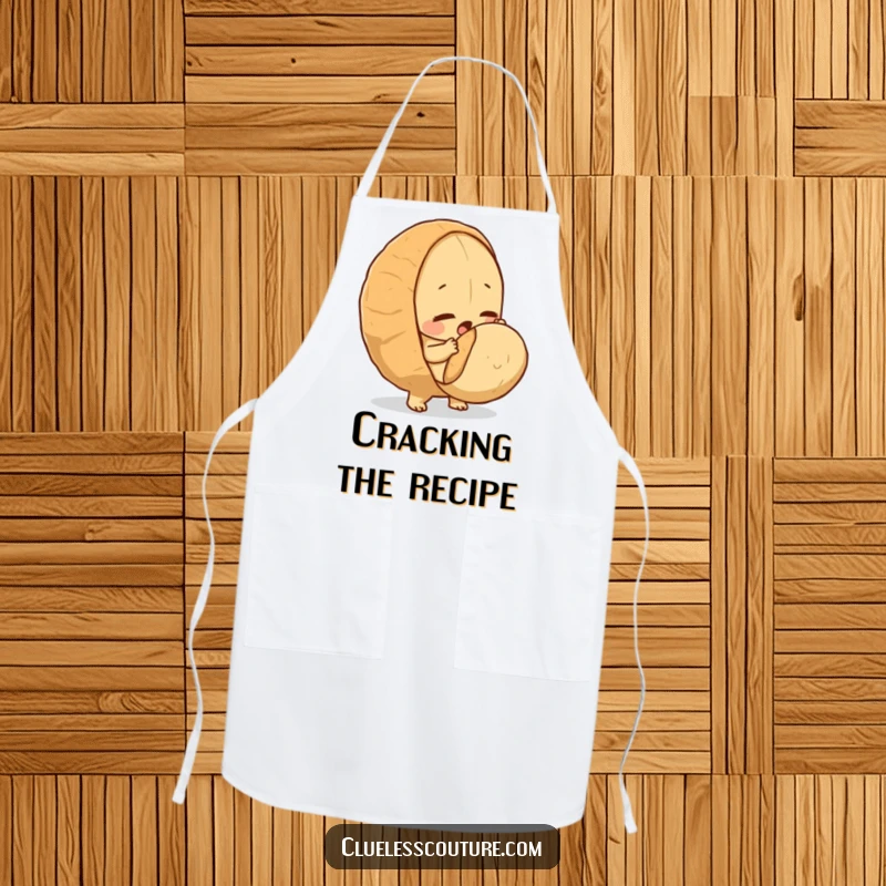 Funny apron showing a determined peanut making a heroic attempt to crack a surprisingly large nut.
