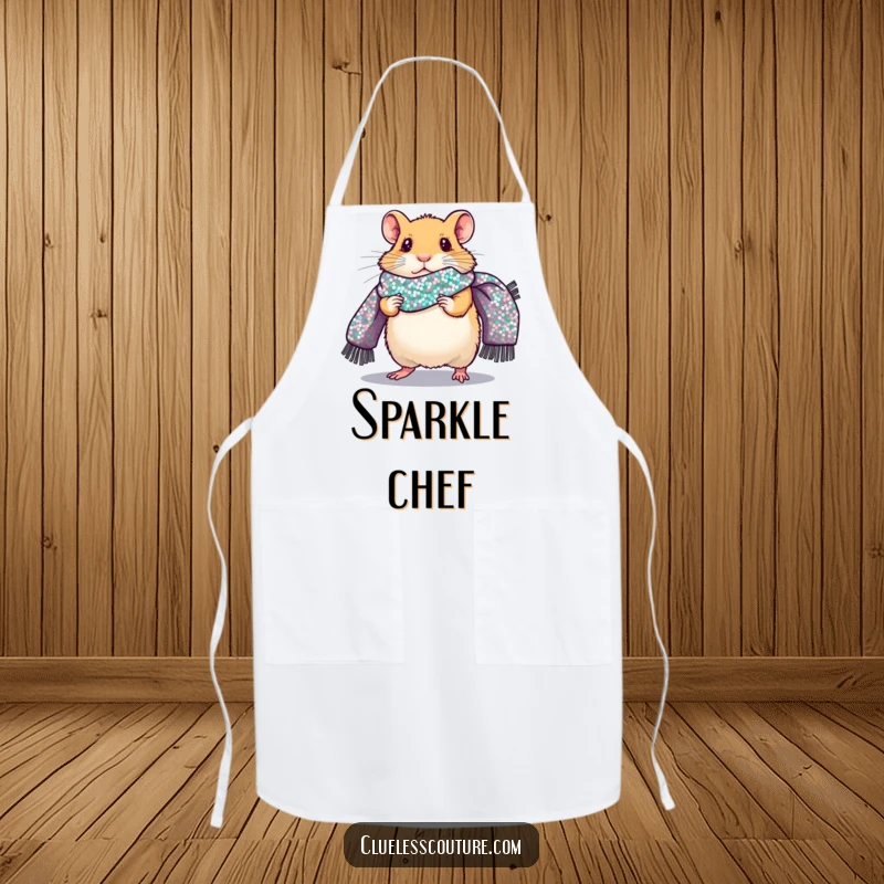 Funny apron with a nervous hamster walking a fashion runway, wearing a giant sequined scarf, a humorous and stylish kitchen accessory.