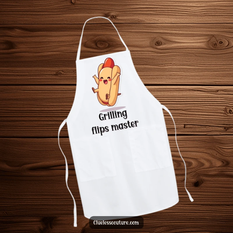 Funny hot dog apron depicting a delighted hot dog doing a cartwheel inside its bun, ideal for kitchen fun.