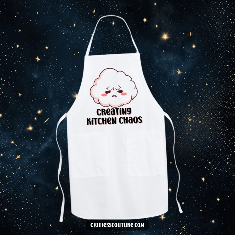 Funny apron with a nervous cloud character trying to form a shape, symbolizing kitchen uncertainty, a great funny gift.