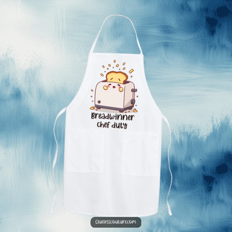 Funny apron illustrating a nervous toast popping out of a chaotic toaster with flying crumbs, ideal for kitchen use and adding humor.