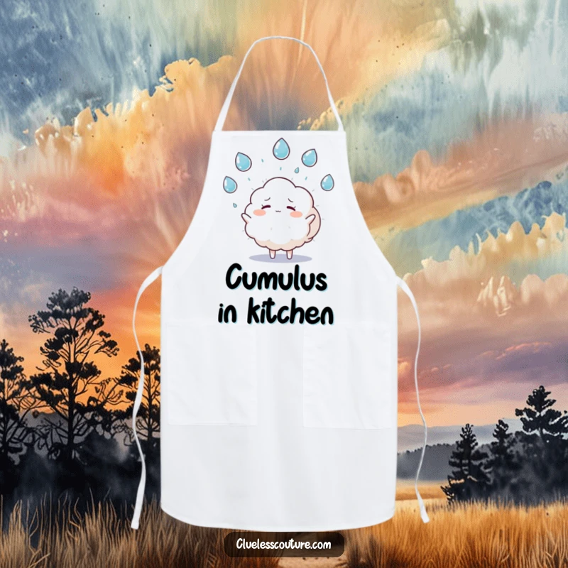 Funny apron showing a fluffy cloud character humorously juggling raindrops and looking overwhelmed, perfect for a playful kitchen experience.