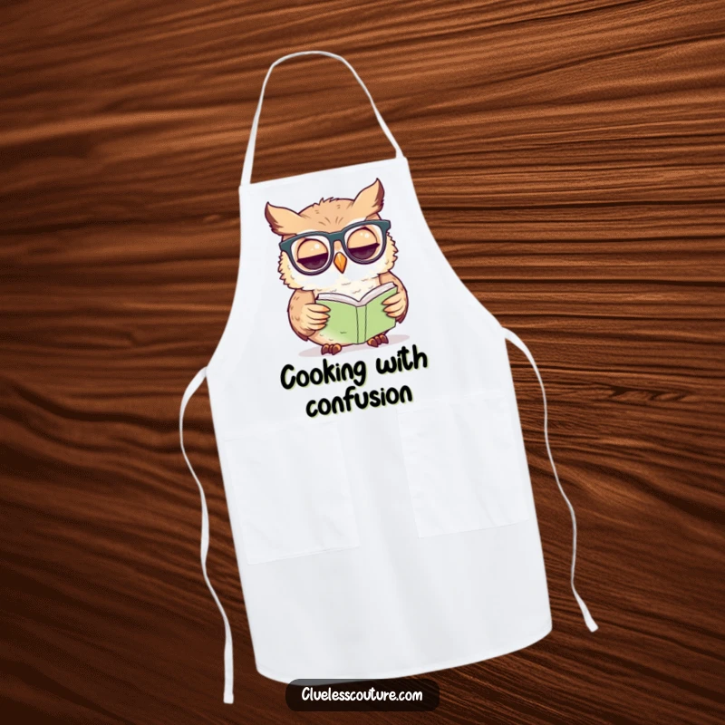 Funny owl apron depicting a confused owl wearing glasses, trying to read a very small book while cooking.
