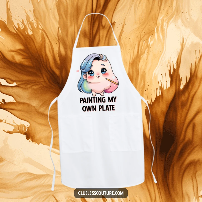 Funny apron with a playful blob of paint attempting to paint its own self-portrait, protective humor.