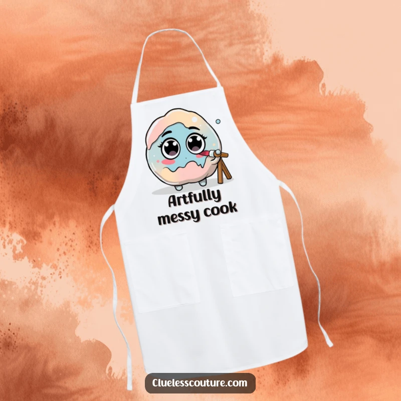 Funny apron featuring a paint blob with googly eyes hilariously attempting to paint itself, ideal for creative sessions.