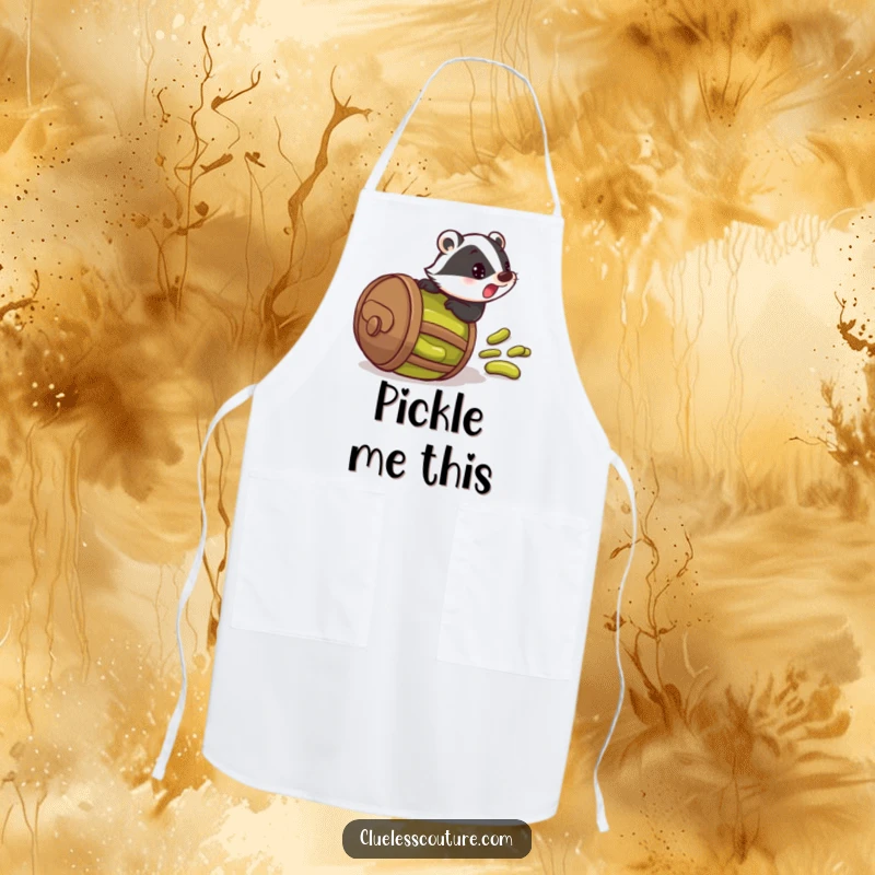 Funny kitchen apron depicting a startled badger rolling downhill in a barrel brimming with pickles, for fun cooking.
