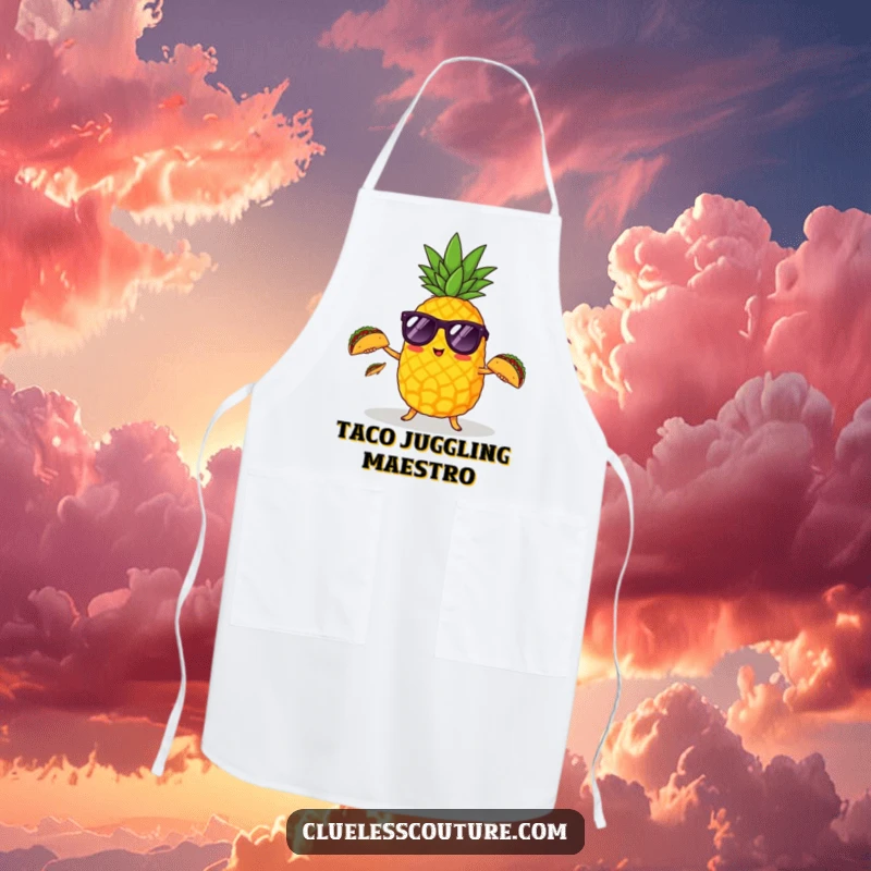 Funny pineapple wearing sunglasses juggling three tiny tacos, a fun apron for cooking adventures.