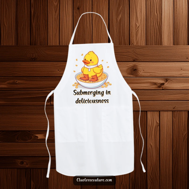 Funny rubber duck in oversized boots wading through a giant bowl of cereal, an apron for cooking fun.