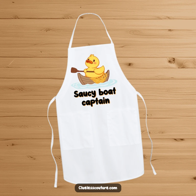 Funny confused rubber duck character trying to paddle a boat made of spaghetti, graphic on a cooking apron.