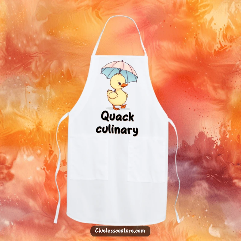 Funny Sassy Duck Apron, featuring a sassy duck waddling with a minuscule designer umbrella, perfect for humorous cooking.