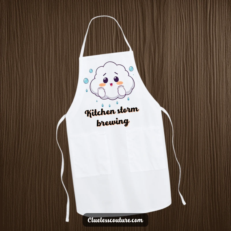 Funny apron with a surprised cloud comically juggling raindrops with its hands, adding a humorous touch to kitchen tasks.