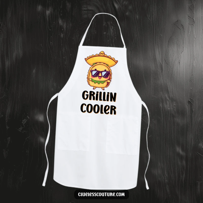 Funny apron showcasing a proud anthropomorphic taco character wearing a small sombrero and cool sunglasses, ready for culinary fiesta fun.