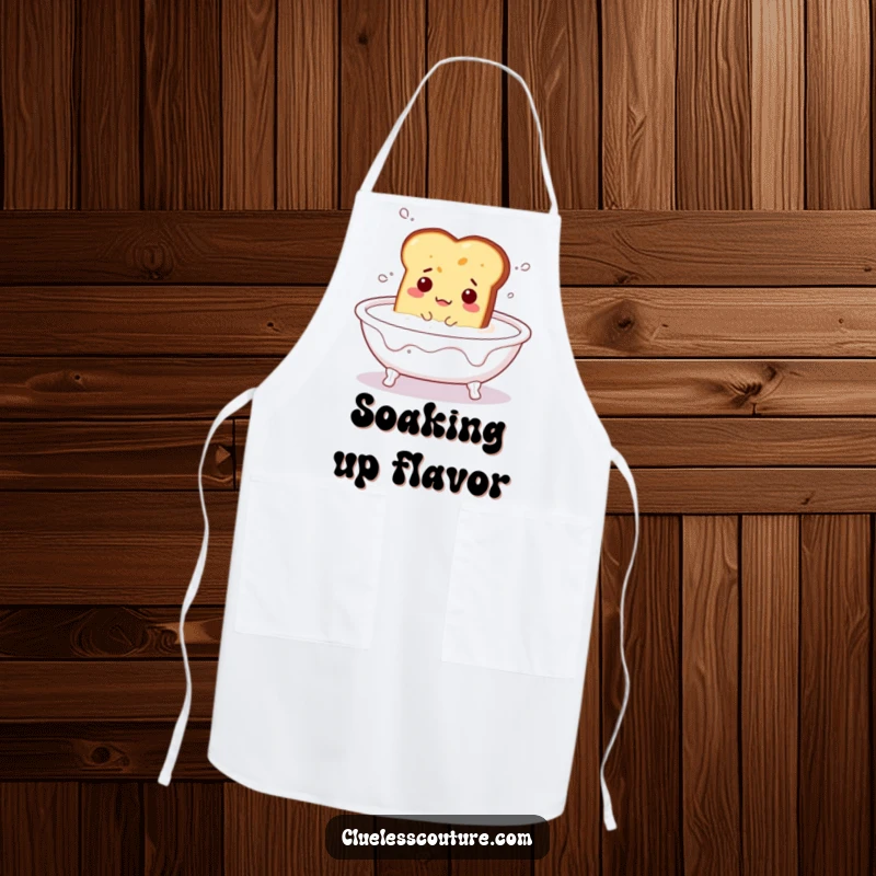 Funny apron depicting a bewildered piece of toast floating in a milk bath, adding a humorous touch to culinary activities.