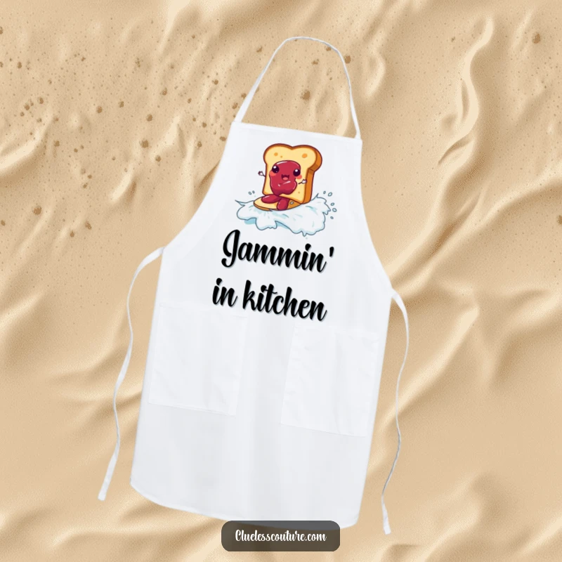 Funny kitchen apron depicting a piece of toast surfing on a wave of jam, for fun cooking and baking.