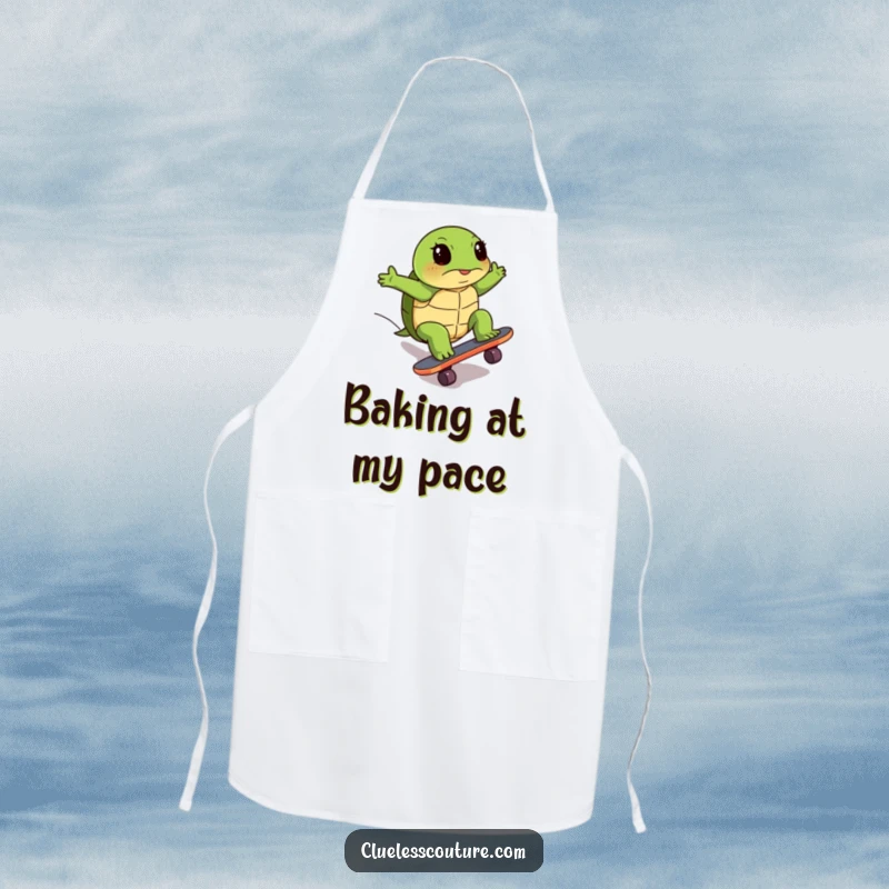 Funny apron illustrating a turtle's hilariously determined effort skateboarding uphill, practical for cooking and full of humor.