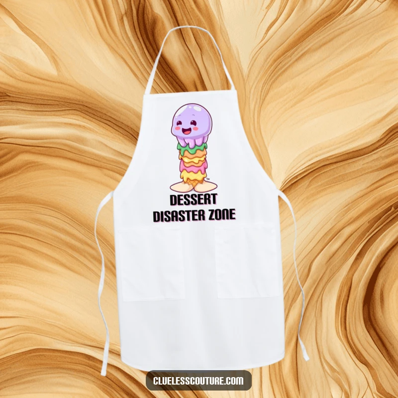 Funny wobbly jelly character attempting to balance on a stack of melting ice cream cones, graphic on a cooking apron.