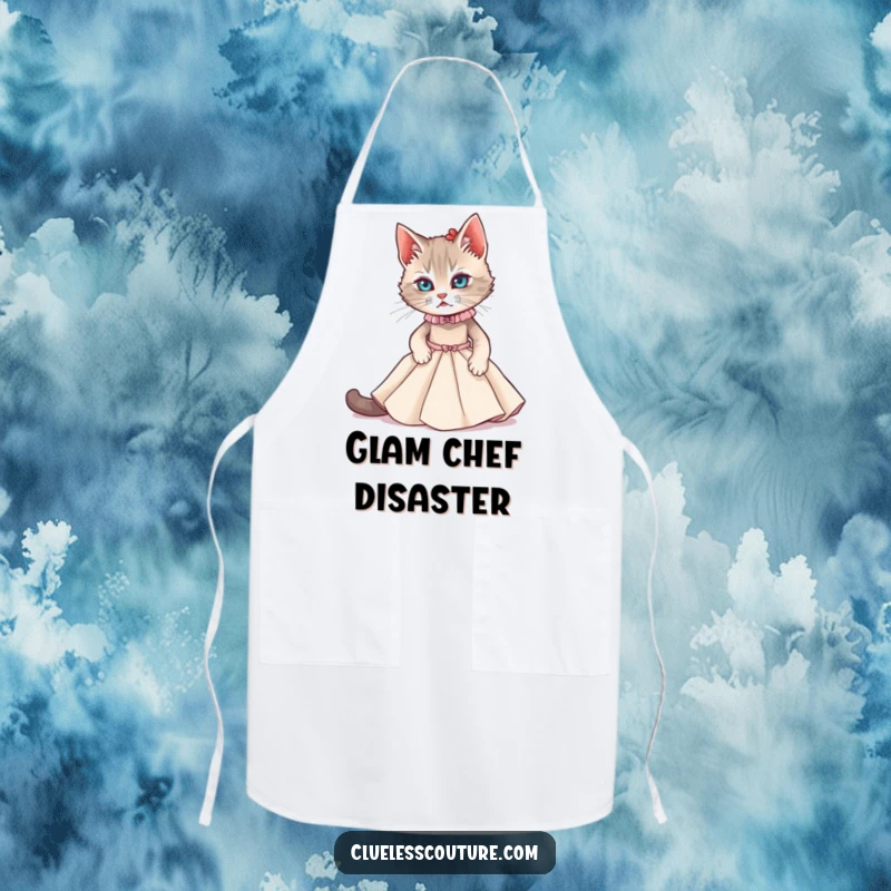 Funny apron showing a cat struggling to fit into a miniature couture gown, for a humorous and stylish cooking experience.
