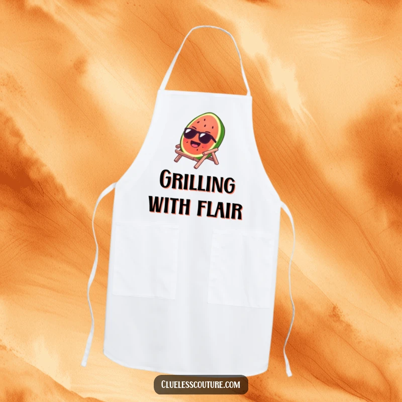 Funny apron depicting a laughing watermelon slice wearing sunglasses on a tiny beach chair, adding a humorous touch to kitchen activities.