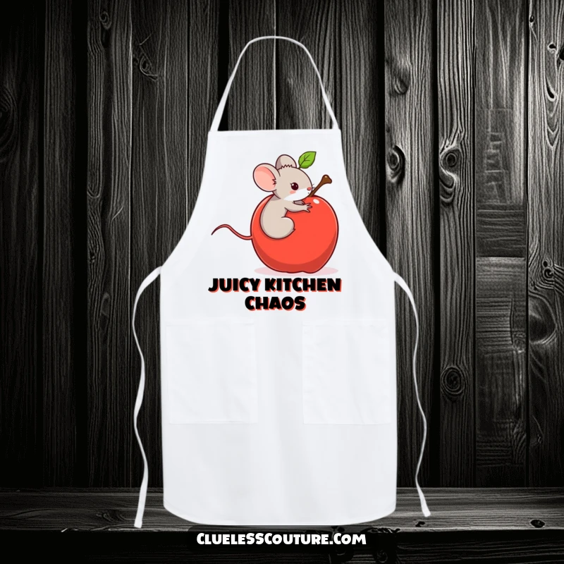 Funny apron depicting a tiny mouse accidentally riding a runaway rolling apple, adding a humorous touch to kitchen activities.