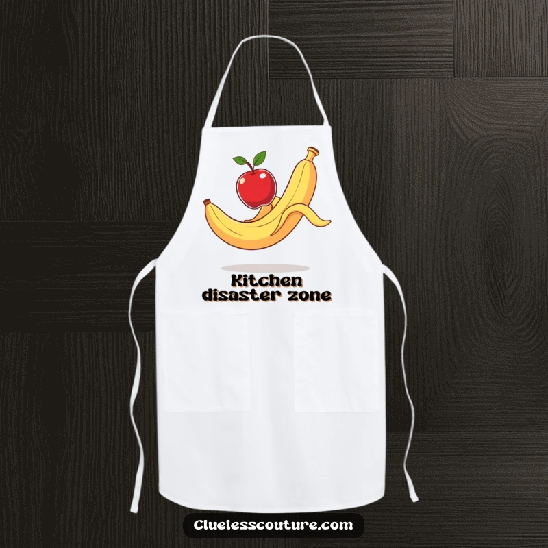 Funny Apron: A banana peel slips, sending an apple flying, a hilarious kitchen mishap for cooks.