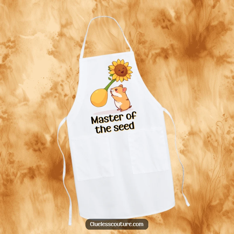 Funny hamster apron showing a hamster attempting to lift a gigantic sunflower seed, perfect for kitchen workouts and humorous protection.