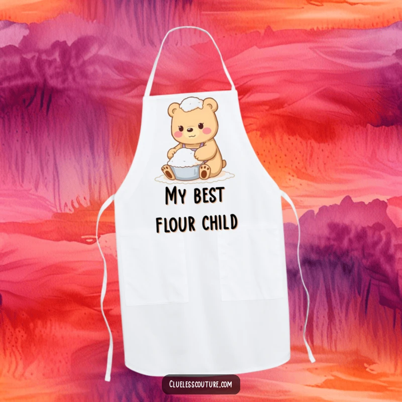Funny apron depicting a bear completely coated in flour, a comical kitchen essential for baking fun.